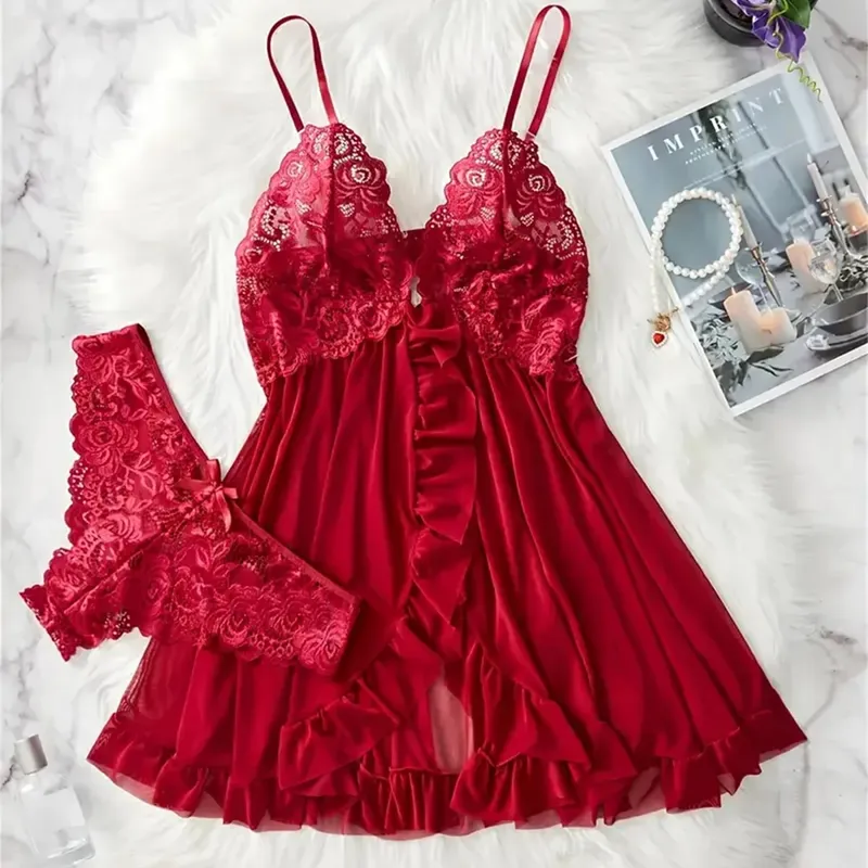 New Blue Contrast Lace Ruffle Trim Lingerie Set Deep V Dress And Thong Women's Sexy Sleepwear Underwear Hollow Bra Panty Sling