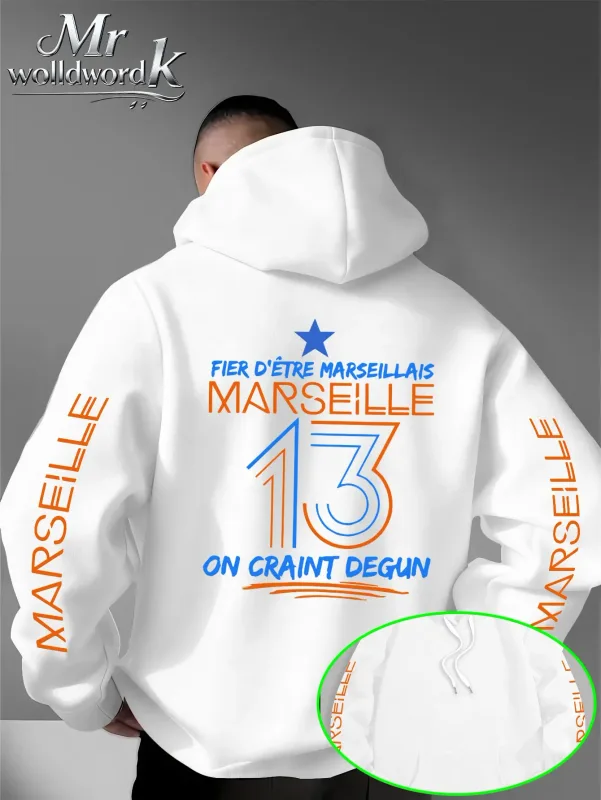 Мужская толстовка с капюшоном Marseille 13 City с несколькими принтами на рукавах и буквами сзади, осенне-зимняя флисовая свободная толстовка с капюшоном
