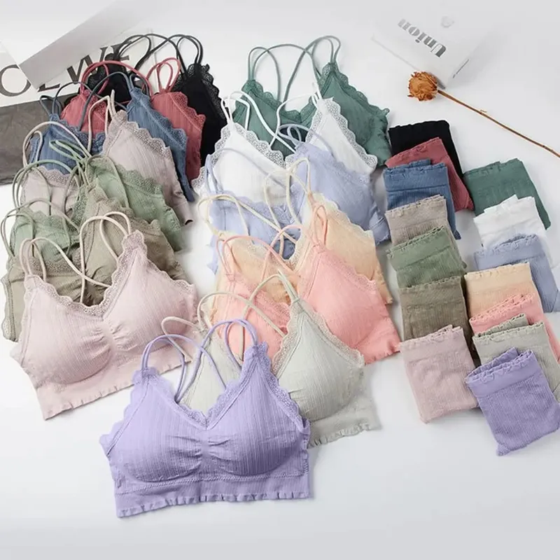 1Set Casual Lace Women Seamless Bra Set with Bra Pads V-Neck Lingerie Set Breathable Comfortable Sport Brassiere