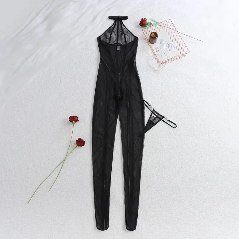 Fashionable slimming vertical stripe 2025 black silk see through sheer slim fit and sexy hanging neck jumpsuit — image 6