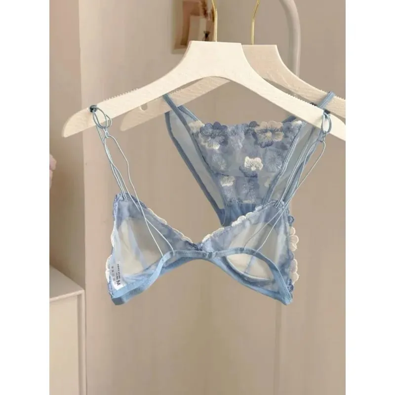 French Triangle Cup Bralette Embroidered Lace Wireless See Through Hollow Out Sexy Pure Desire Lingerie Set MOYISU Sexy Tushy