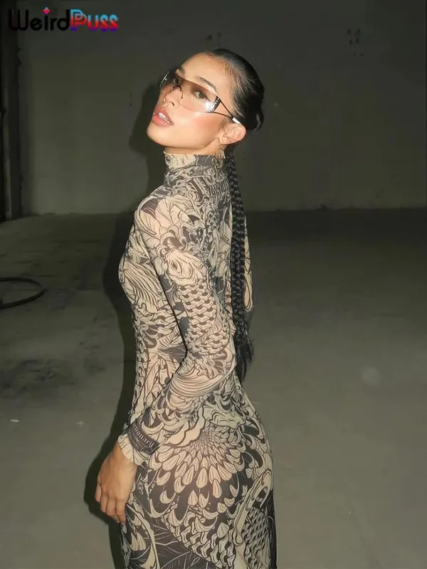 Dziwny kot siatkowy nadruk damska sukienka Maxi z golfem pełna rękaw Bodycon jesień modne biodrówki główna ulica Party Y2K strój