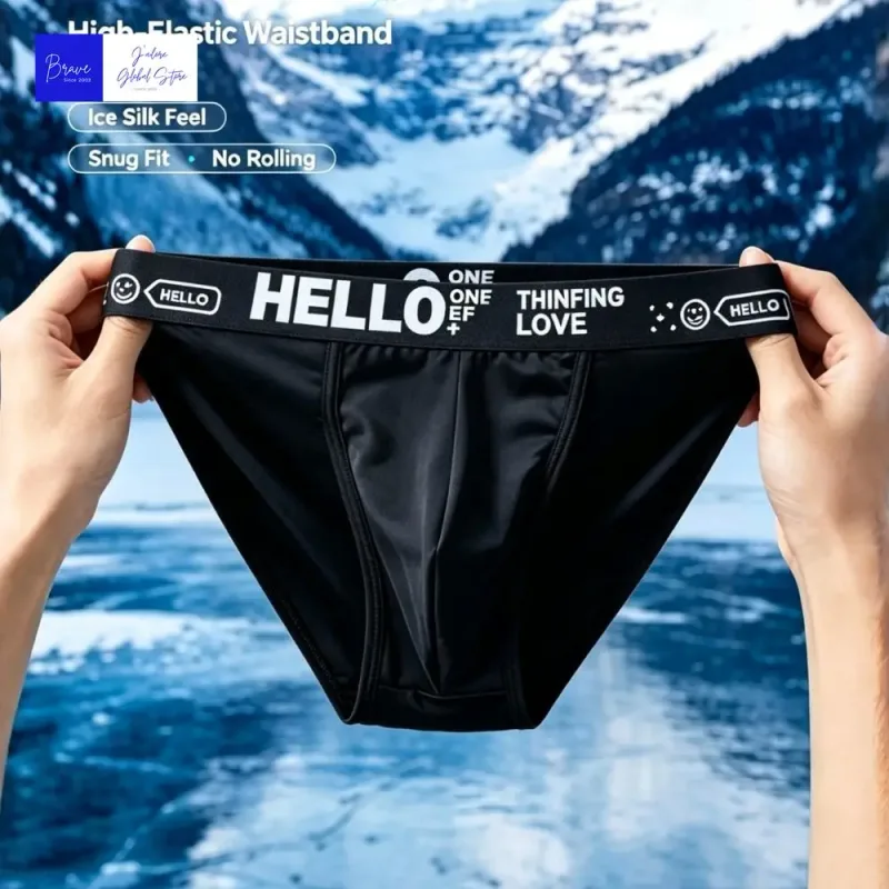 Men Trendy Ice Silk Bikini Briefs Hello Letter Print Moisture Wicking Breathable Athletic Underwear Stylish Cooling Underpants