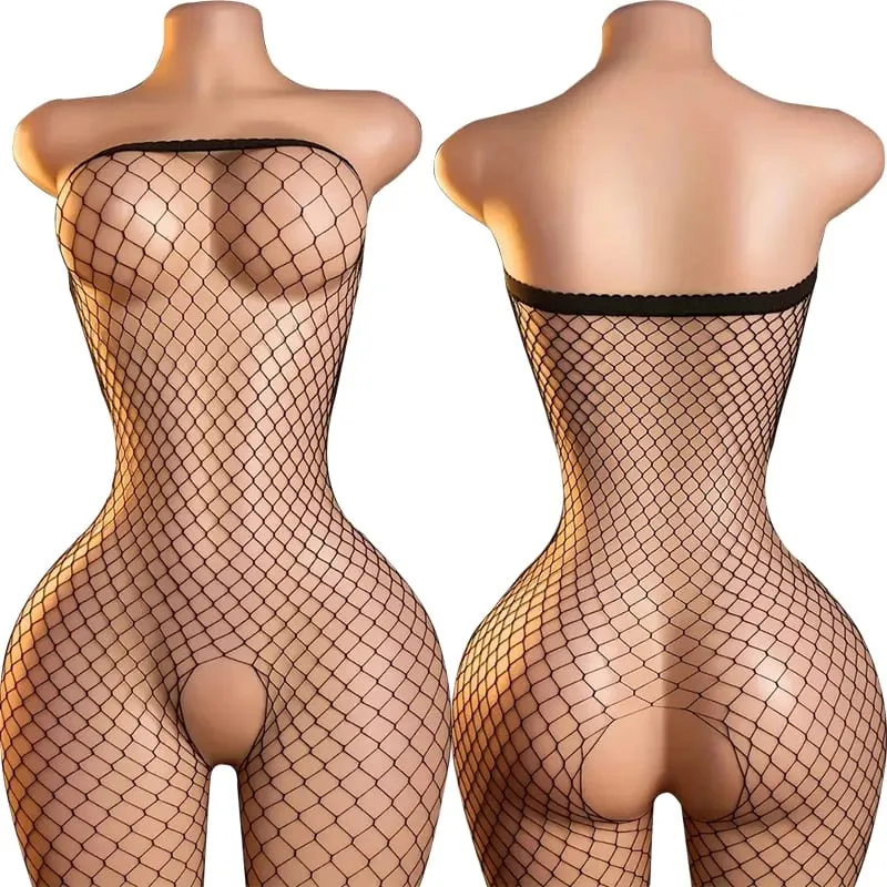 Black Fishnet Off-Shoulder Open-Crotch Bodystocking Lingerie Set Sexy Crotchless Teddy Bra Women's Erotic Underwear 2026 — image 8
