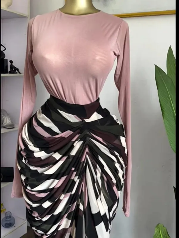 CM.YAYA Gaun Panjang Maxi Midi Bodycon Ruched Bertumpuk Tambal Sulam Bergaris Pewarna Dasi Wanita Gaun Prom Liburan Pendidikan Musim Gugur Musim Dingin
