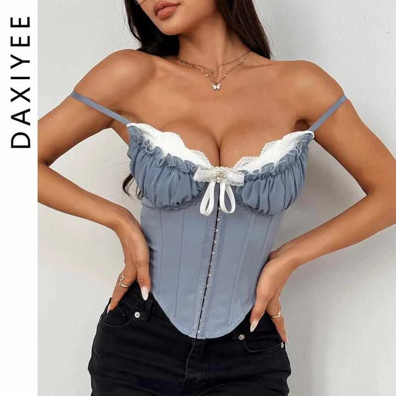 Sexy scollo a V Y2K Crop Top in pizzo patchwork pieghettato Bowknot corsetto Top sexy backless sottile canotta forma del corpo a lisca di pesce Bustier
