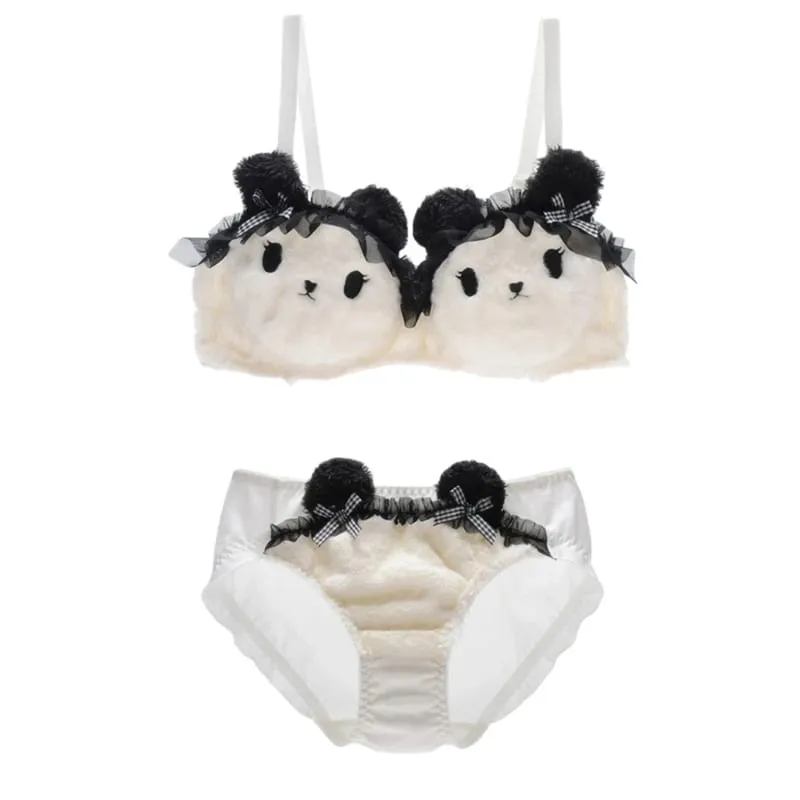 Lingerie invernale da donna con motivo panda a cartoni animati, reggiseno e mutandine in peluche peloso, biancheria intima per cosplay di anime giapponesi, scolaretta