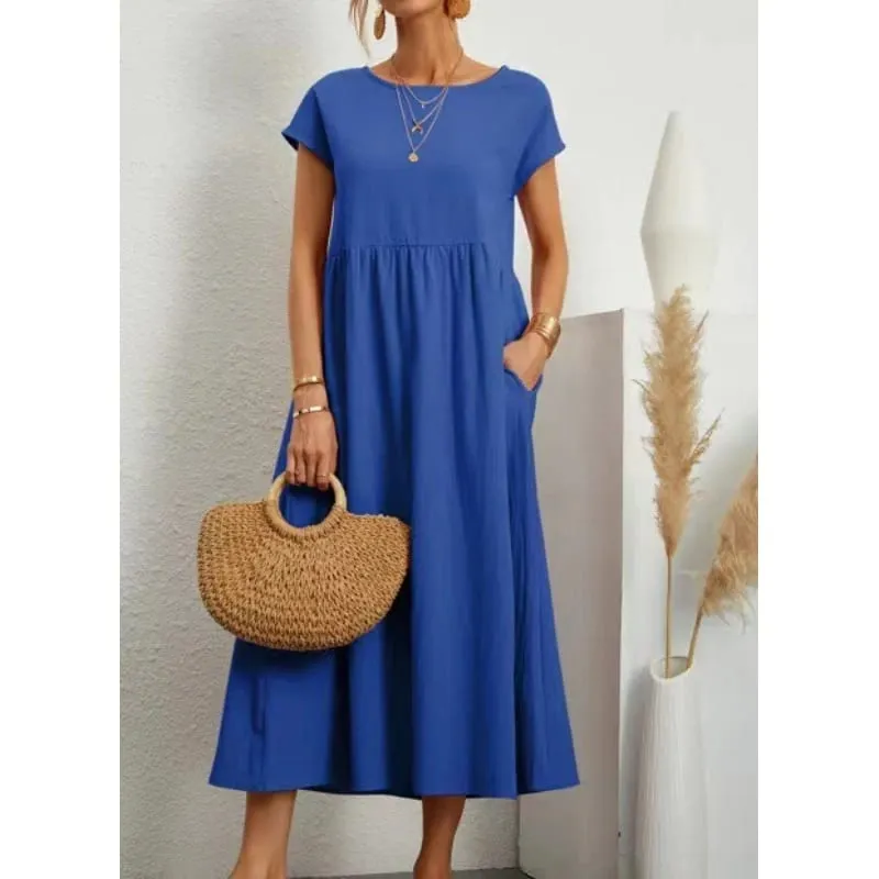 Premium Elegant Solid Cotton Linen Dress Summer Midi with Pockets Loose Fit Casual Crew Neck Short Sleeve for Beach Travel
