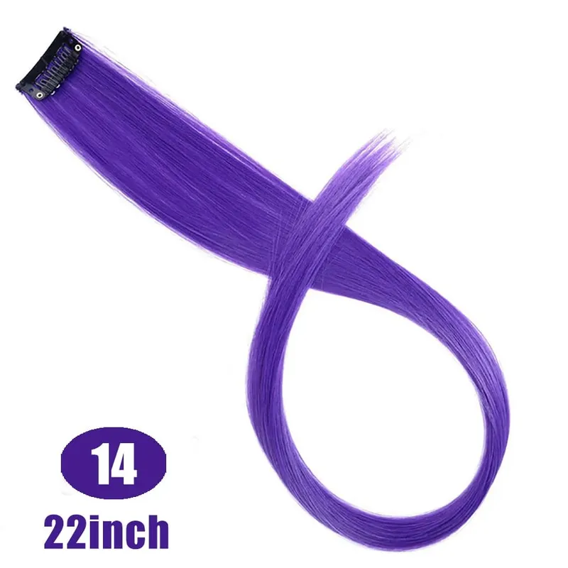 22" Synthetic Long Straight Rainbow Highlight Colored Hair Extensions Clip In One Piece Ombre Pink Purple Green Yellow For Wome