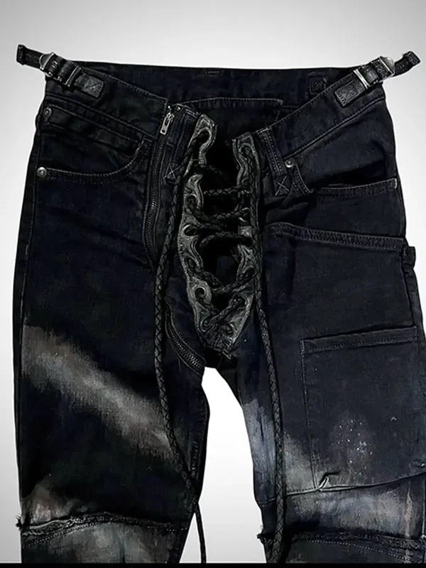 Ifsixwasnine Vision Washed Striped Lace-Up Slim-Fit Pull Jeans