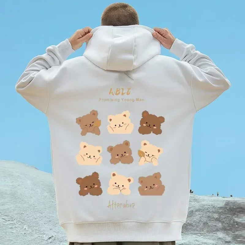 M-8XL American Style Street Brown Cute Bear Print Oversized Hoodie Couple Hoodie Malaking Soft Velvet Hooded Sweater ng Estudyante