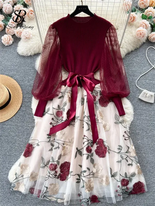 Senior Knitted Patchwork Dress Long Lantern Sleeves Bow Mesh Embroidery Floral Women Autumn France Elegant Party Dress — image 4