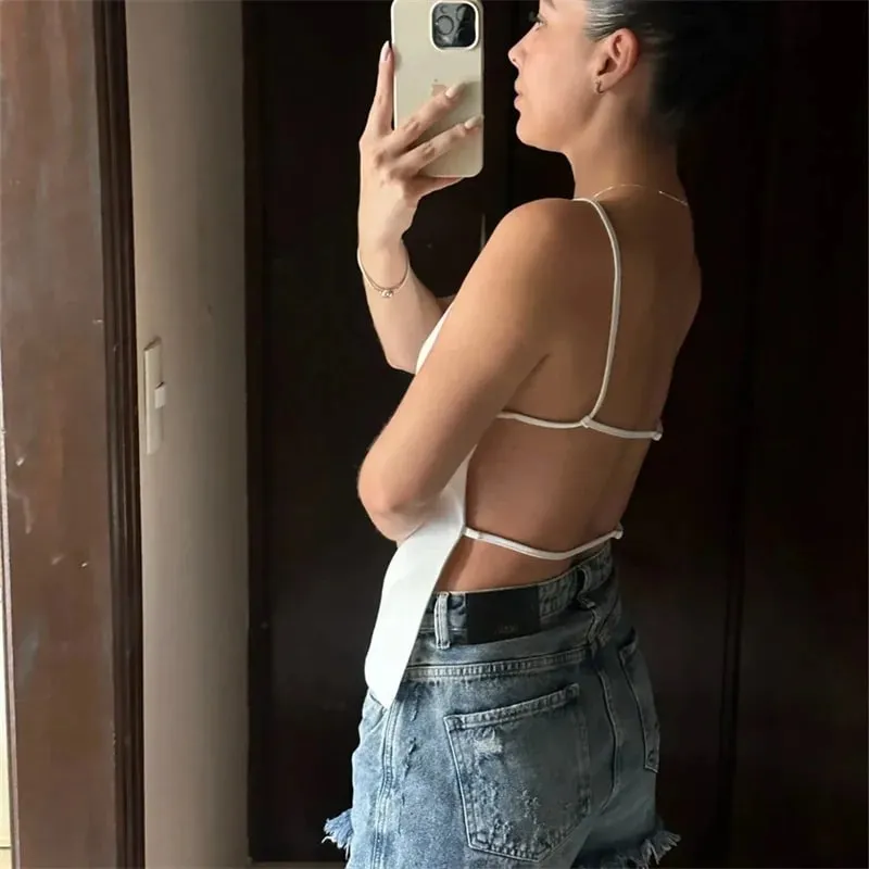 2025 Black Backless Top Female White Sleeveless Crop Top With Straps Summer Sexy Tops Woman Party Women's Evening Top