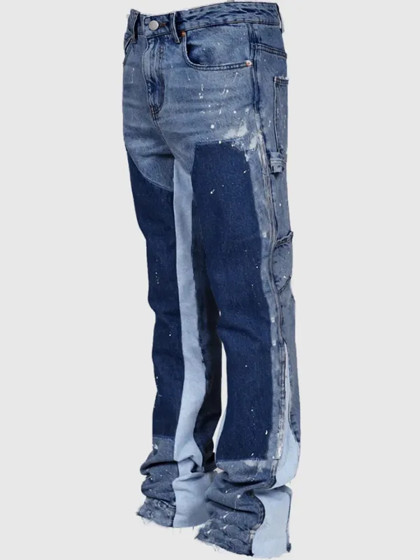 2025 Men's Fashion Jeans Work Pants European and American Fashion Workwear Elastic Patchwork Denim Layered Flared Pants S-XXL