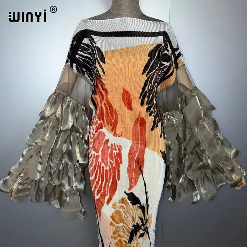 Elastische slanke geplooide jurk Beach Cover Up Boho Kaftan Abaya Dubai Luxe feestjurk Lange dons moslimvrouw avondjurk