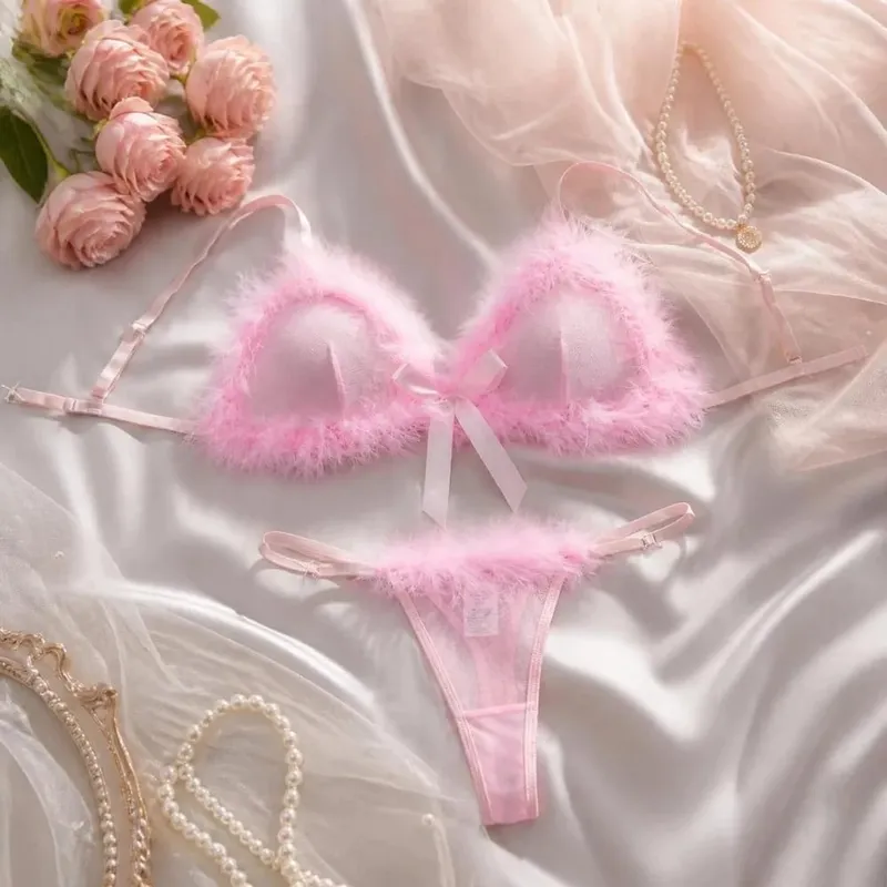 Sweet Furry Women's Underwear Mesh Transparent Wireless Lingerie Set Bow Decor Romantic Intimate Bra Panties Suit Christmas