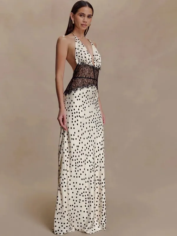 MO Patchwork Lace Print Polka Dot Halter Women Maxi Dress Sexy Backless Evening Dress Winter Skinny Elegant Party Dress