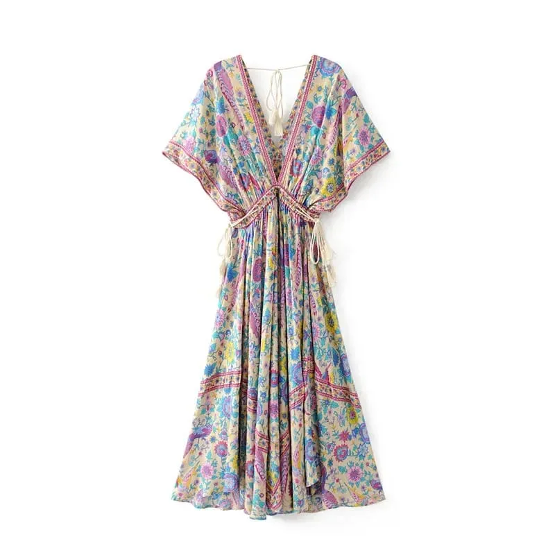 Boho Queens Mulheres Pavão Floral Impressão Manga Morcego Praia Boêmio Maxi Vestidos Senhoras V Neck Tassel Vestido de Verão