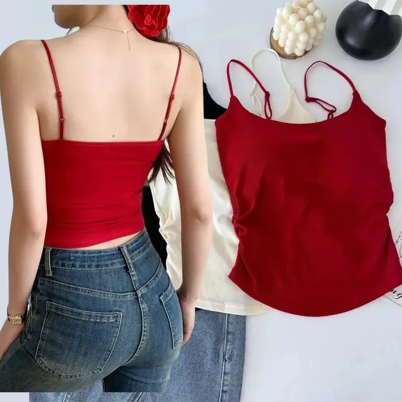 Women's Solid Color Spaghetti Straps Sleeveless Slim Camisole With Chest Pad Fashion Women Summer Top Wearing Inside And Outside