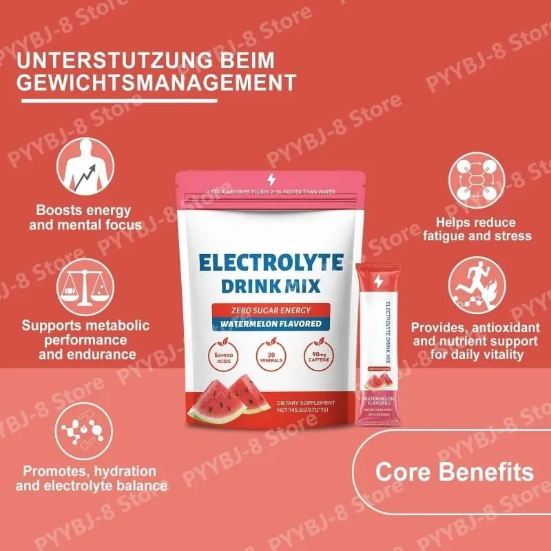 Zero Sugar Watermelon Electrolyte Powder with 90mg Caffeine Amino Acids Minerals Vitamins Provide Energy Replenishment 15 Sticks