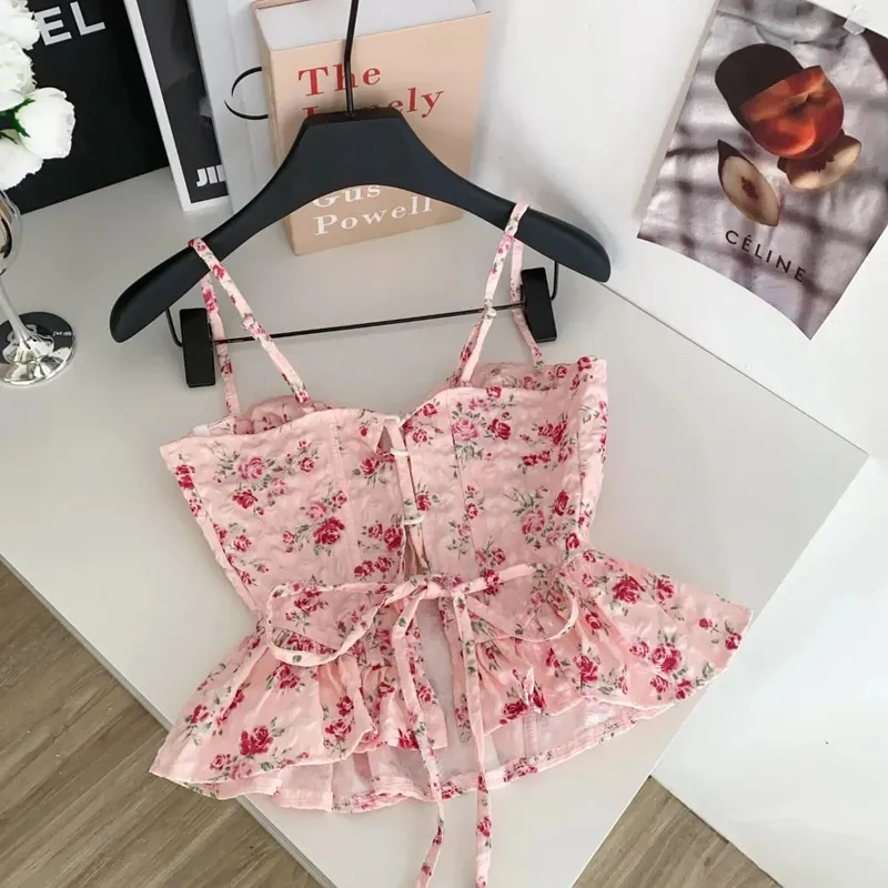 Sexy magro espartilho plissado impressão chique coreano camis regata básica moda fora do ombro roupas femininas de verão