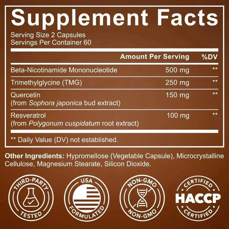 NMN Capsules 1000mg Nicotinamide Mononucleotide NAD+ Cellular Energy TMG Quercetin Resveratrol 120 Vegan Capsules Non-GMO