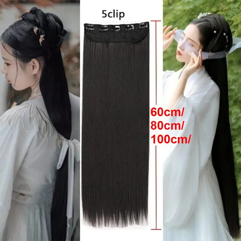 5-Clips Synthetic Heat-Resistant Long Straight Hair Extensions Natural Black Invisible Seamless One-piece Hair Extension Women — image 2