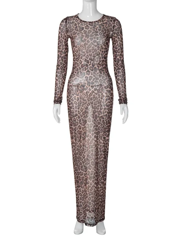 Hugcitar Leopard Print Mesh Long Sleeve Sexy Slim See Through Maxi Dress Fall Women Fashion Outfits Beach Vacation Club