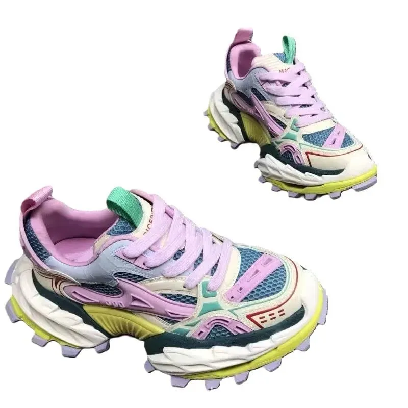 2026 Men's Genuine Leather Elevated Dad Sneakers Color Block Mesh Chunky Casual Shoes With Thick Sole
