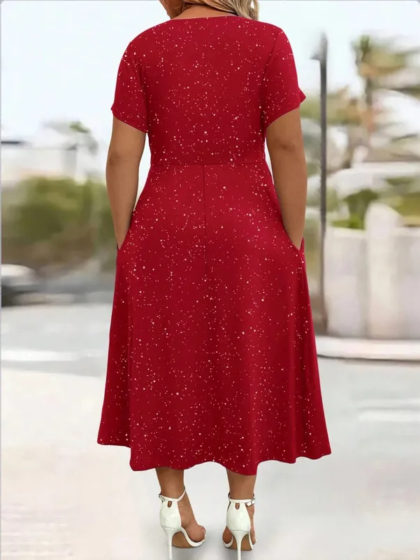 Ladies' elegant plus size powder sprinkled shiny twisted knot with pockets V-neck dress
