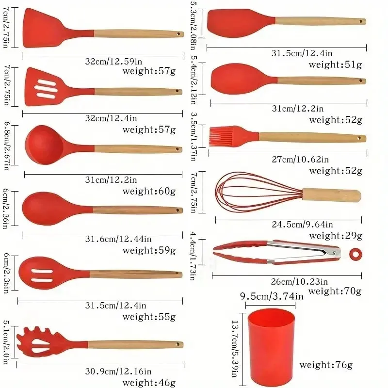 12pcs Set of Multi-color Silicone Wooden Handle Kitchenware Set Non Stick Pot Spatula and Spoon Cooking Utensils Heat-resistant