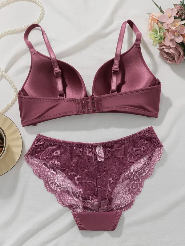 Solid Color Lace Bra Set Women Wireless No Underwire Push Up Bra and Panty 2 Piece Set Daily Comfortable Lingerie — image 2