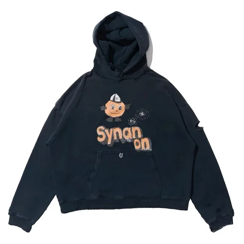 Nouveau surdimensionné PALY sweat à capuche pour homme femme lavé noir endommagé meilleure qualité décontracté Vintage Cardigan Zip sweats