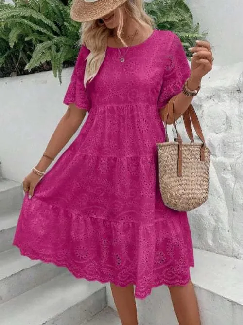 Nữ Trắng Silicon Thêu Đầm Midi Khoét Hở Boho Flowy Xù Tầng Váy Đầm Ngắn Tay Đi Biển Mùa Hè Áo — image 9