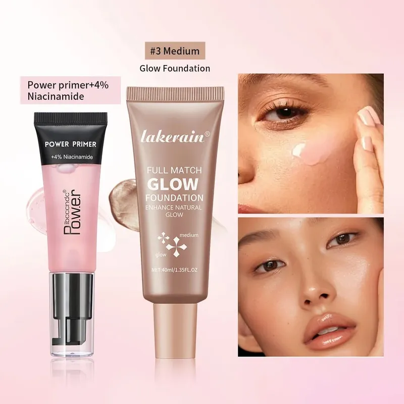 Powder Grip Primer Gel & Glow Foundation Makeup Kit Hydrating Smoothing Skin Lightweight Brighthen Shiny Fase Cosmetics Combo