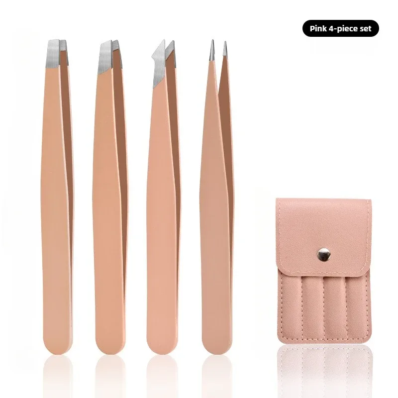 Stainless Steel Eyelash Tweezers 4 Pcs Can Precisely Facial Hair and Debris Makeup Tools Comes with a Folding Bag