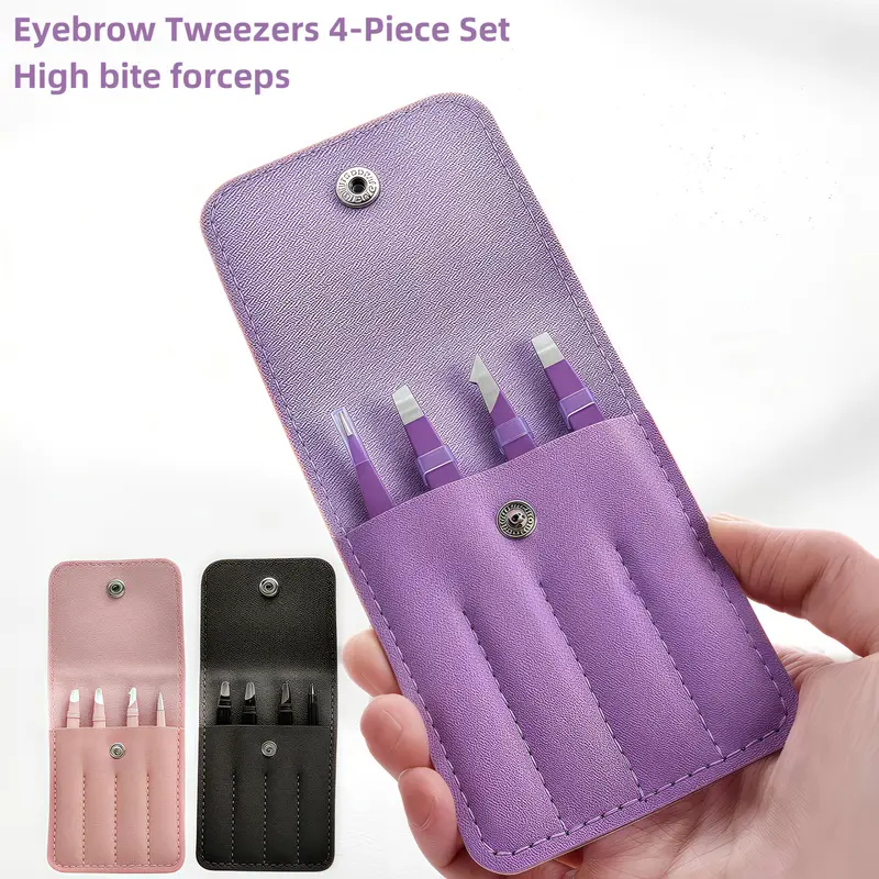 Stainless Steel Eyelash Tweezers 4 Pcs Can Precisely Facial Hair and Debris Makeup Tools Comes with a Folding Bag