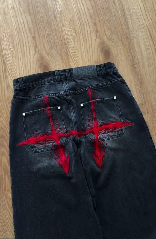 Retro Flame Arrow Embroidered Jeans Baggy Wide Leg Straight Denim Pants Men's Hip Hop Y2k High Waist Streetwear Men Clothing — image 4