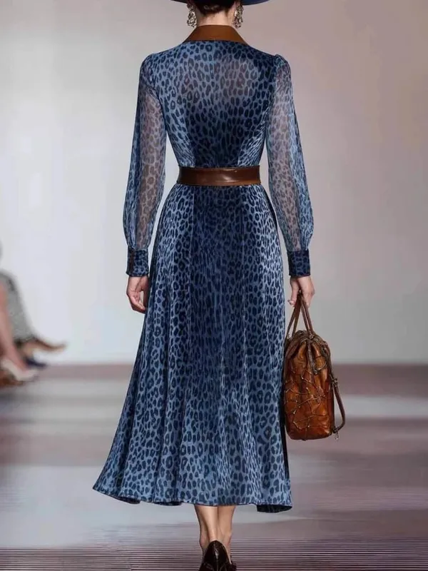 Elegant ผู้หญิงชุด Retro Turndown COLLAR เสือดาวพิมพ์ชุดยาวฤดูใบไม้ร่วงเดี่ยวแขนยาว Western คาวบอยชุด — image 4