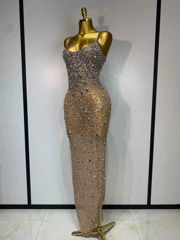 Luxury Rhinestones Sexy Mesh See Through Bodycon Dress Women Birthday Evening Cocktail party Gown Red Carpet Club Stage Outfit — image 2