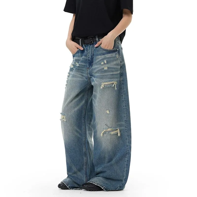 Retro Men's Washed Blue Jeans Distressed Straight Leg High Waist Loose Casual Wide Leg Denim Long Pants Fashion New 9X3258 — image 5