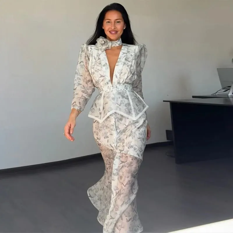 Robe imprimée élégante en Organza pour femmes, décolleté en v profond, demi-manches, taille cintrée, plissée, Robe de soirée, été, 2026