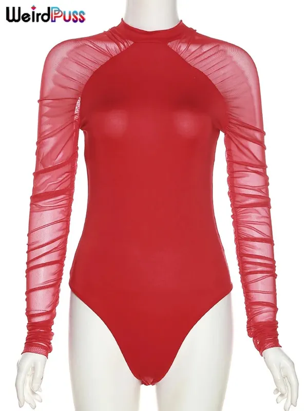 Weird Puss 2025 Mesh Patchwork Bodysuit Sexy Women Sleeve Ruched Skinny Turtleneck Bodycon Elegant Wild Tops Streetwear Outfits — image 9
