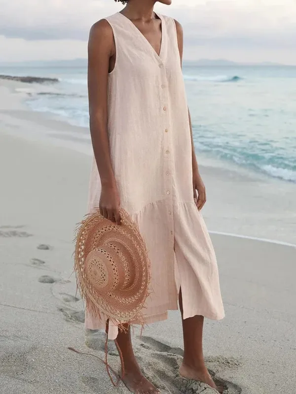 Summer Loose Casual Patchwork Cotton Linen Pocktes Dress V Neck Beach Style Dress Sleeveless Vintage Club Midi Solid Women Dress — image 5