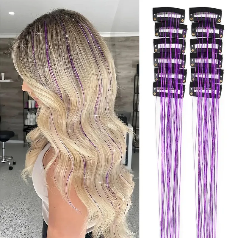 Hair Tinsel Pack Of 12 Pcs Colorful Glitter Hair Accessories Clip In Hair Tinsel Extensions Synthetic Hair Accessories — image 8