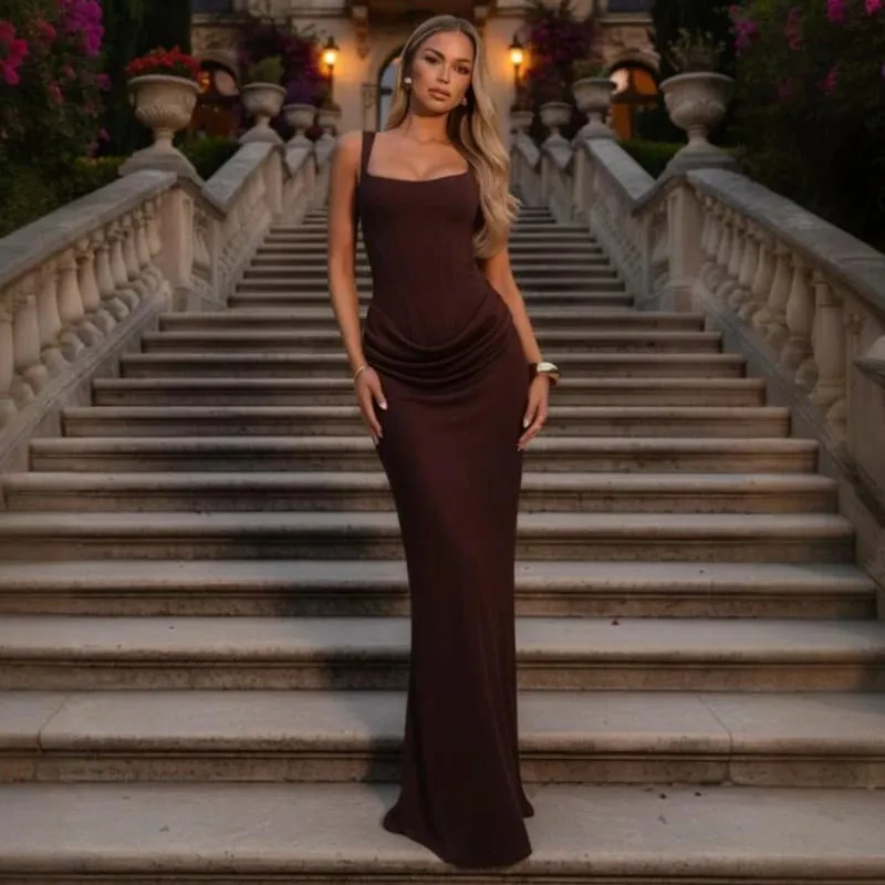 Typhaland Abito maxi pieghettato sottile per le donne Abito da sera sexy senza maniche con scollo tondo Estate 2026 Abiti femminili solidi di moda
