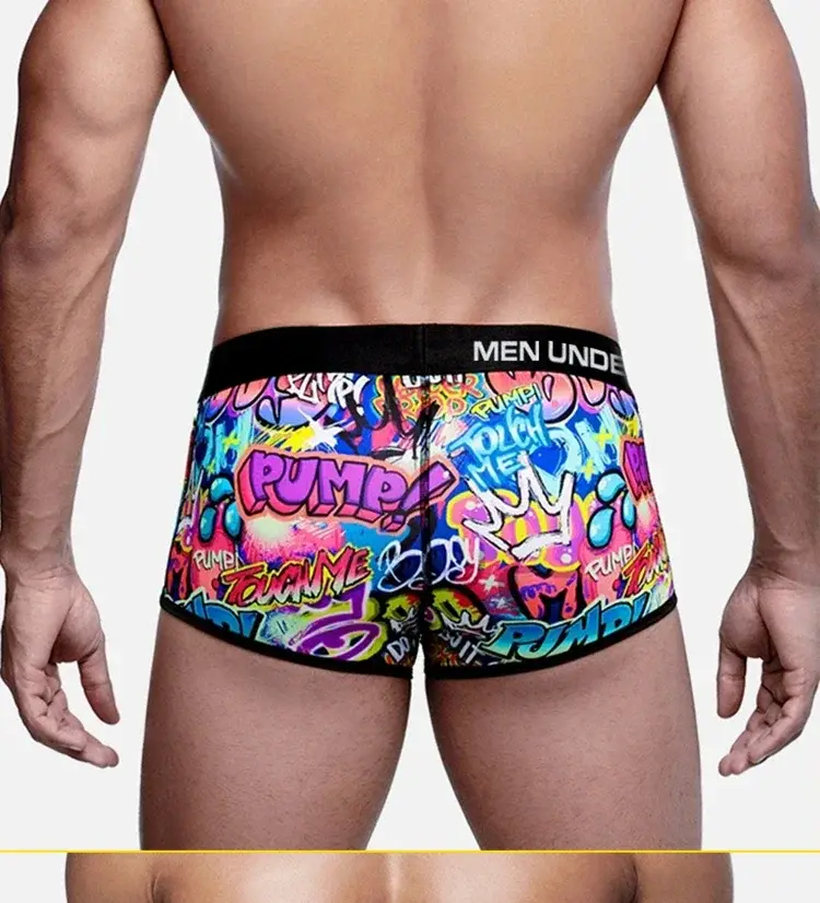 1- 4PCS Men's Cotton Nylon Blend Boxer Briefs All-Over Graffiti Print Wide Elastic Waistband Non-Tight Fashion Sport Underwear