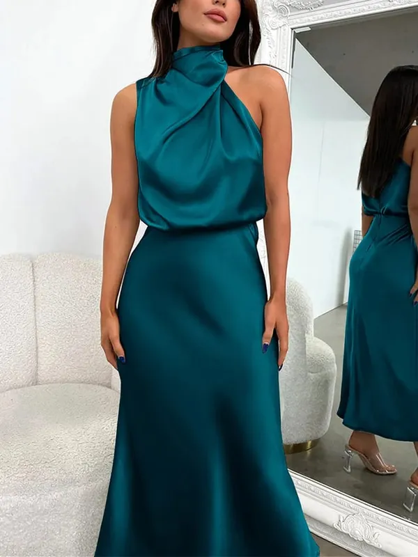 Letní luxusní hedvábný satén dlouhé šaty bez rukávů Dámská móda Elegantní šaty pro celebrity Večerní šaty Společenské oblečení Dámské — image 2