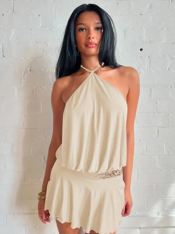 Hugcitar Damesmode Halter Solid Backless Patchwork Kant Bandage Sexy Mini Jurk 2025 Zomer Kleding Vakantie Party Club