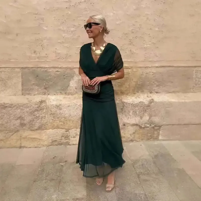 Kvinder Solid Dyb V-hals Mesh Lang Kjole Elegant Puff Kortærmet Rynket Talje Høj Vestidos 2026 Summer Lady Casual Street Robe